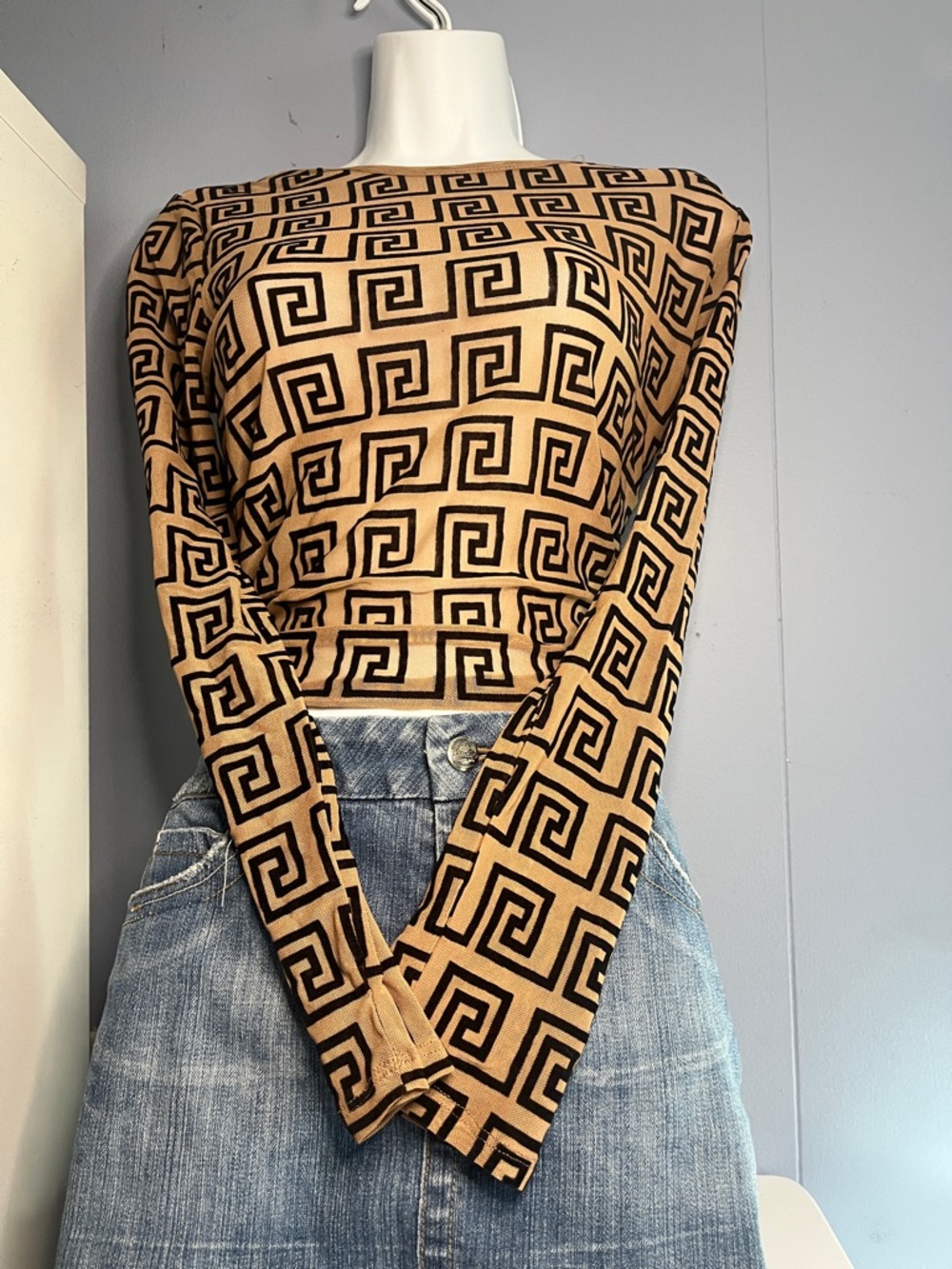 Mesh Geometric Print Long Sleeve Top in Camel & Black